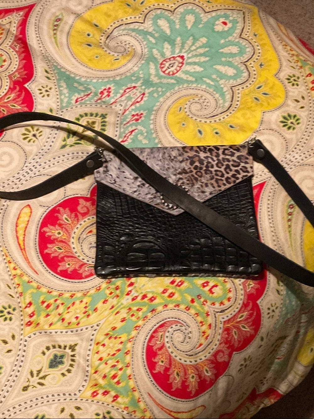 Black Croc-Embossed Crossbody Bag with Leopard Flap